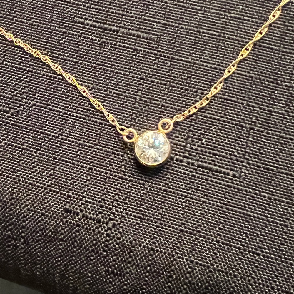 *Just sold* 14k Gold Serenity Bezel Set Round Moissanite Necklace. 1.20 carat